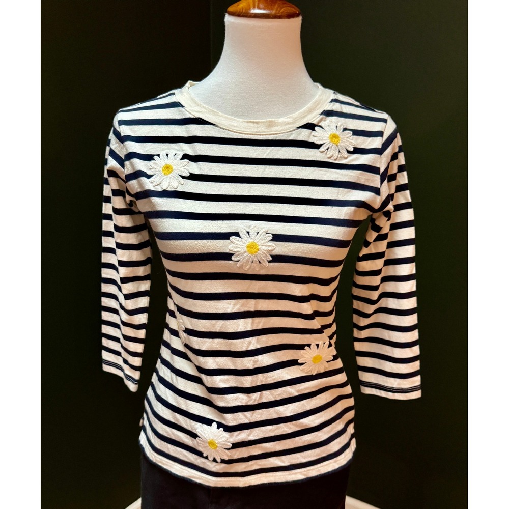 Talbots Striped Daisy 3/4 Sleeve Crew‎ Neck Top Women's Size PS